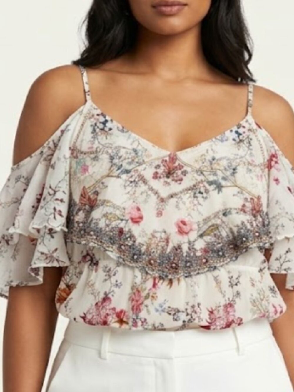 Camilla V&A Collaboration Embellished Cold-Shoulder Silk Blouse - Size L